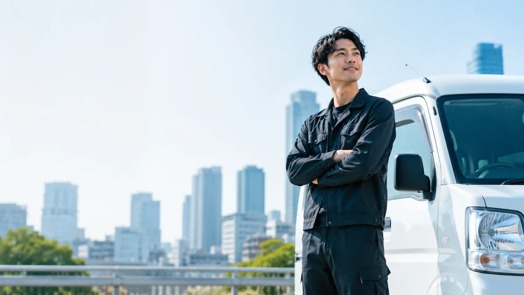 東京の街並みを背景に白い軽バンの前に立つ株式会社ウィランの軽貨物ドライバー