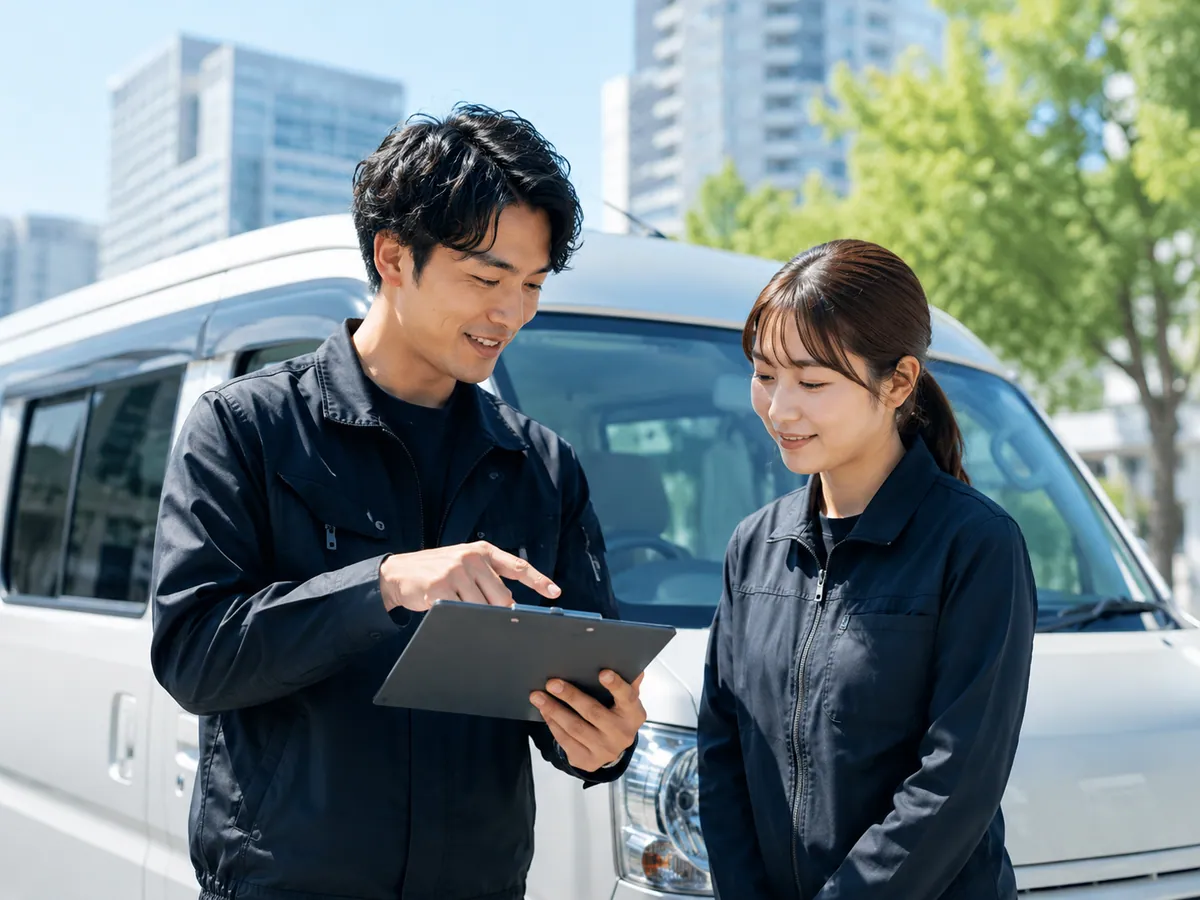 先輩スタッフから配送の流れを教わる未経験のドライバー
