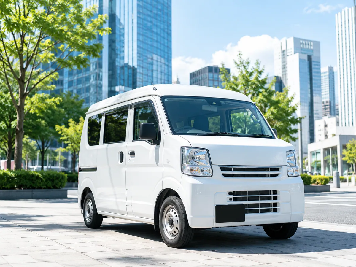 東京の街を背景に駐車された配送用の白い軽バンのイメージ